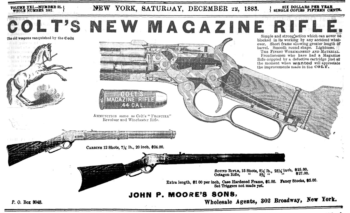 In December 1883, the Colt Burgess was advertised in the Army Navy Journal.